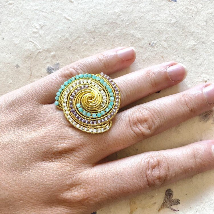 Amethyst, Amazonite and Topaz Statement Swirl Ring