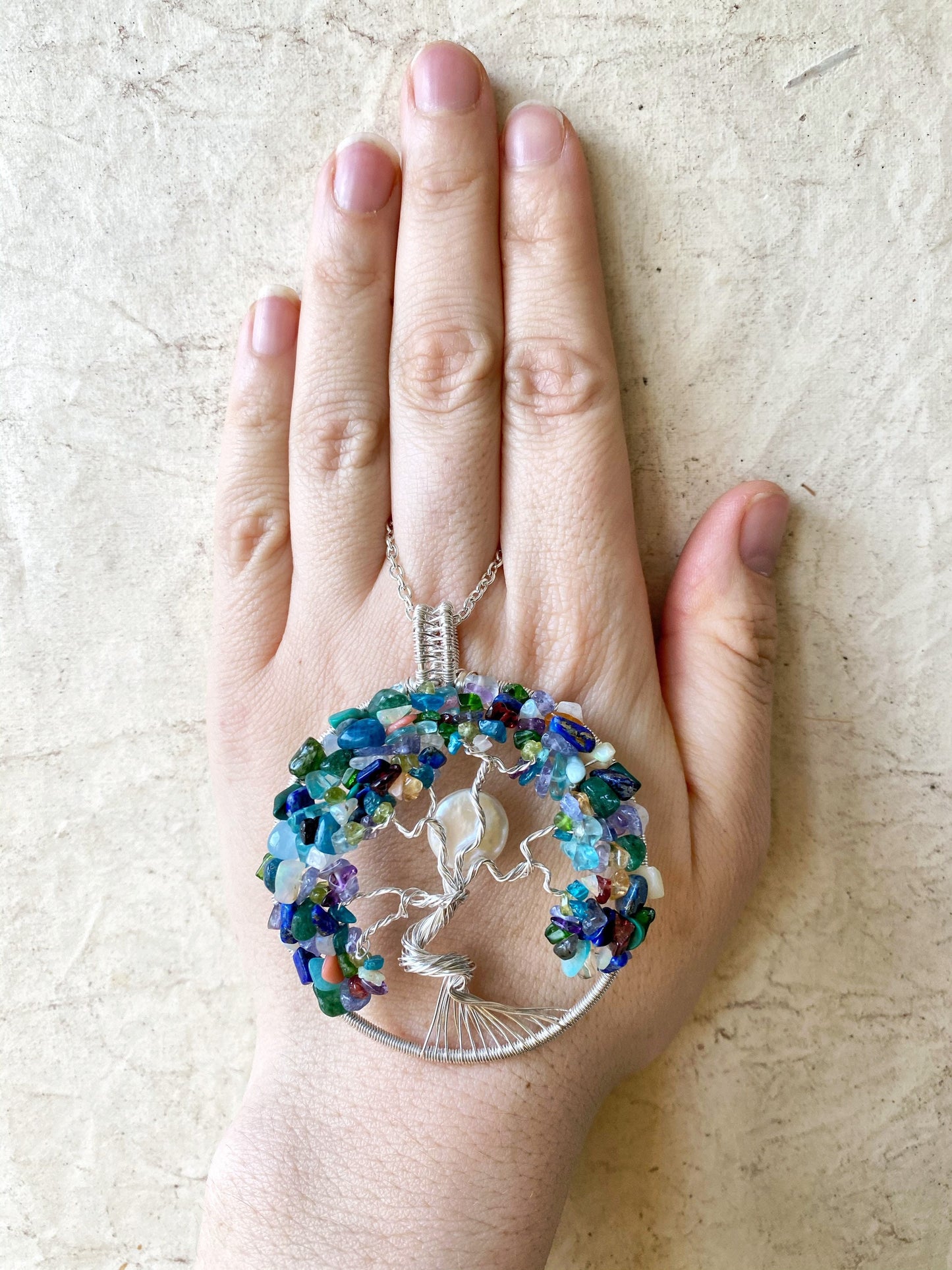 Rainbow gemstone tree of life necklace