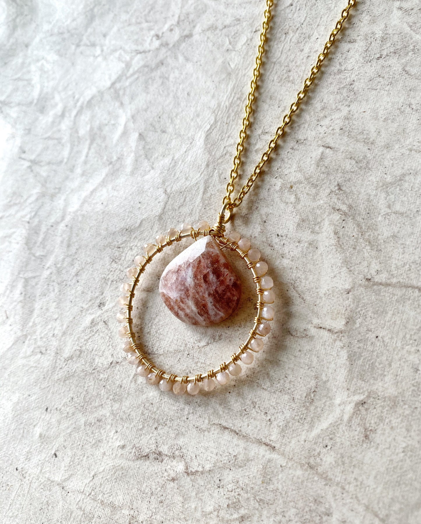 Sunstone and Peach Moonstone Crystal Circle Necklace