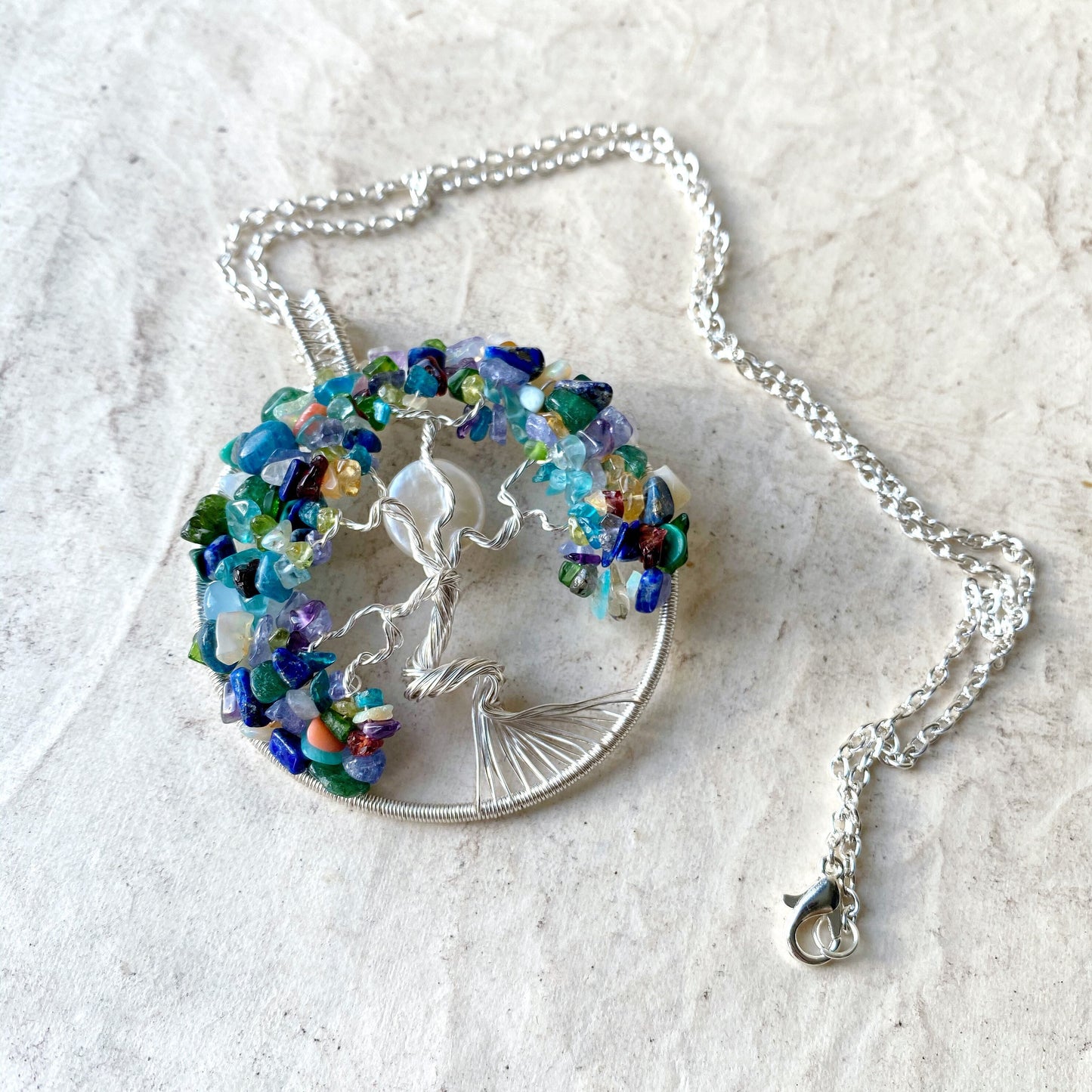 Rainbow gemstone tree of life necklace