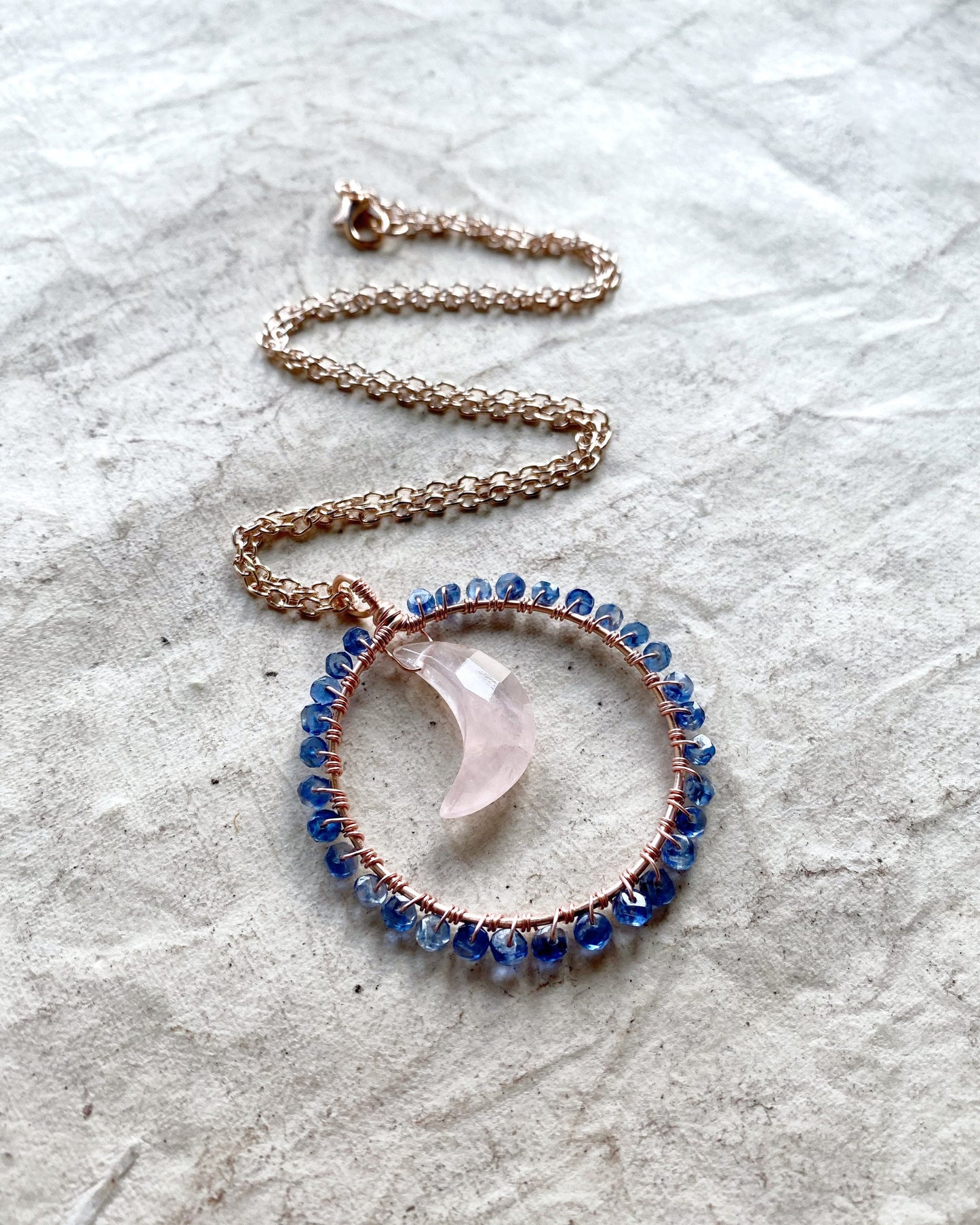Kyanite and Rose quartz moon necklace