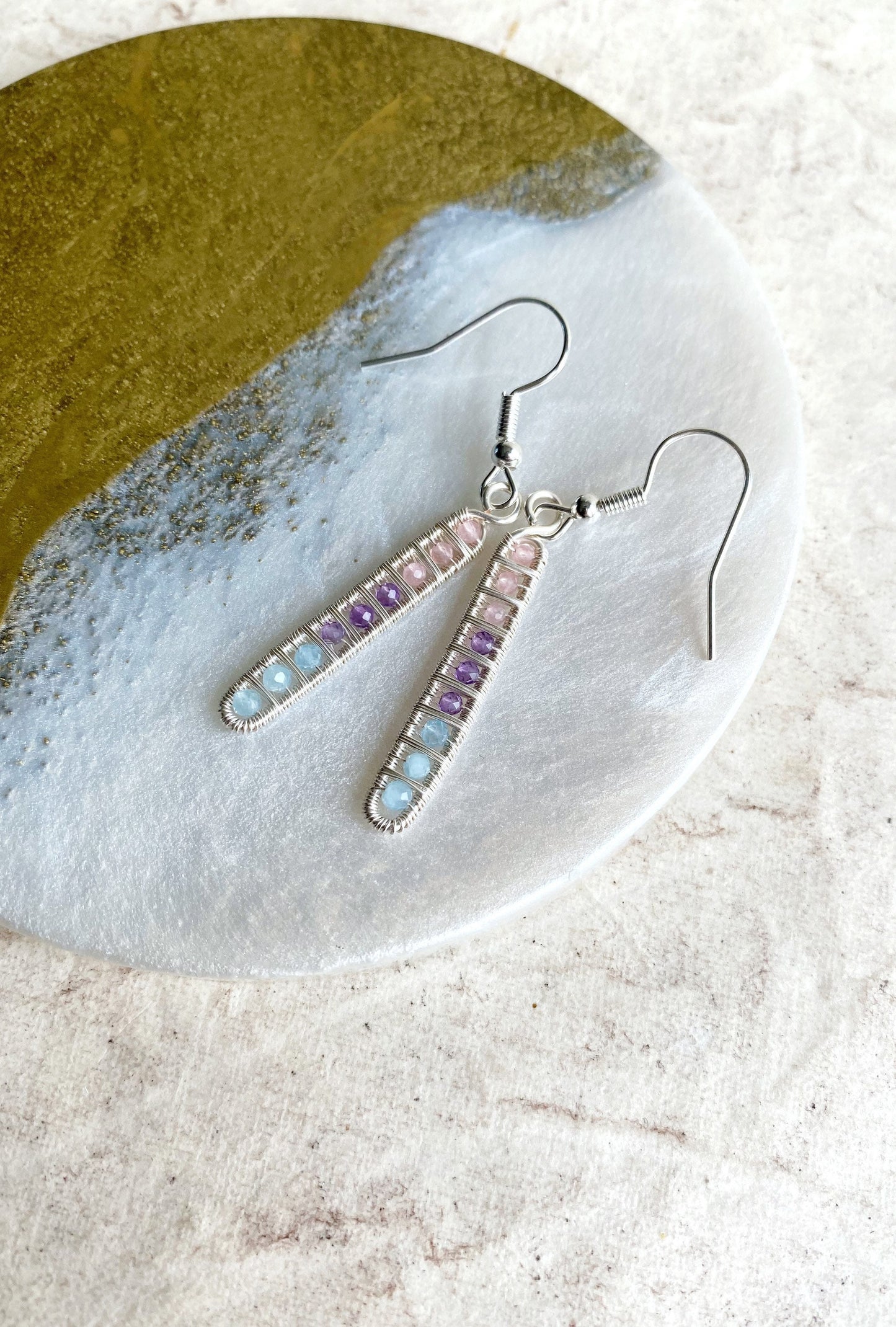 Ladder Earrings in Rose Quartz, Amethyst and Aquamarine