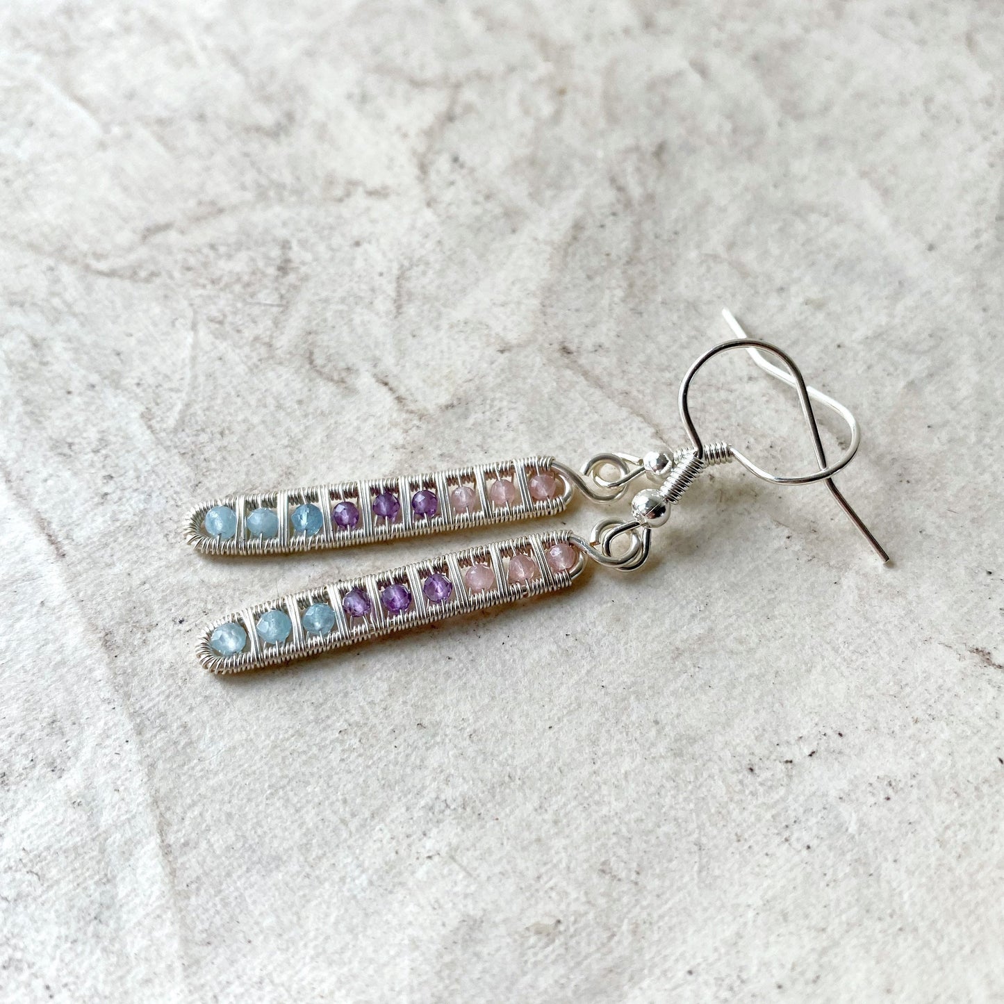 Ladder Earrings in Rose Quartz, Amethyst and Aquamarine