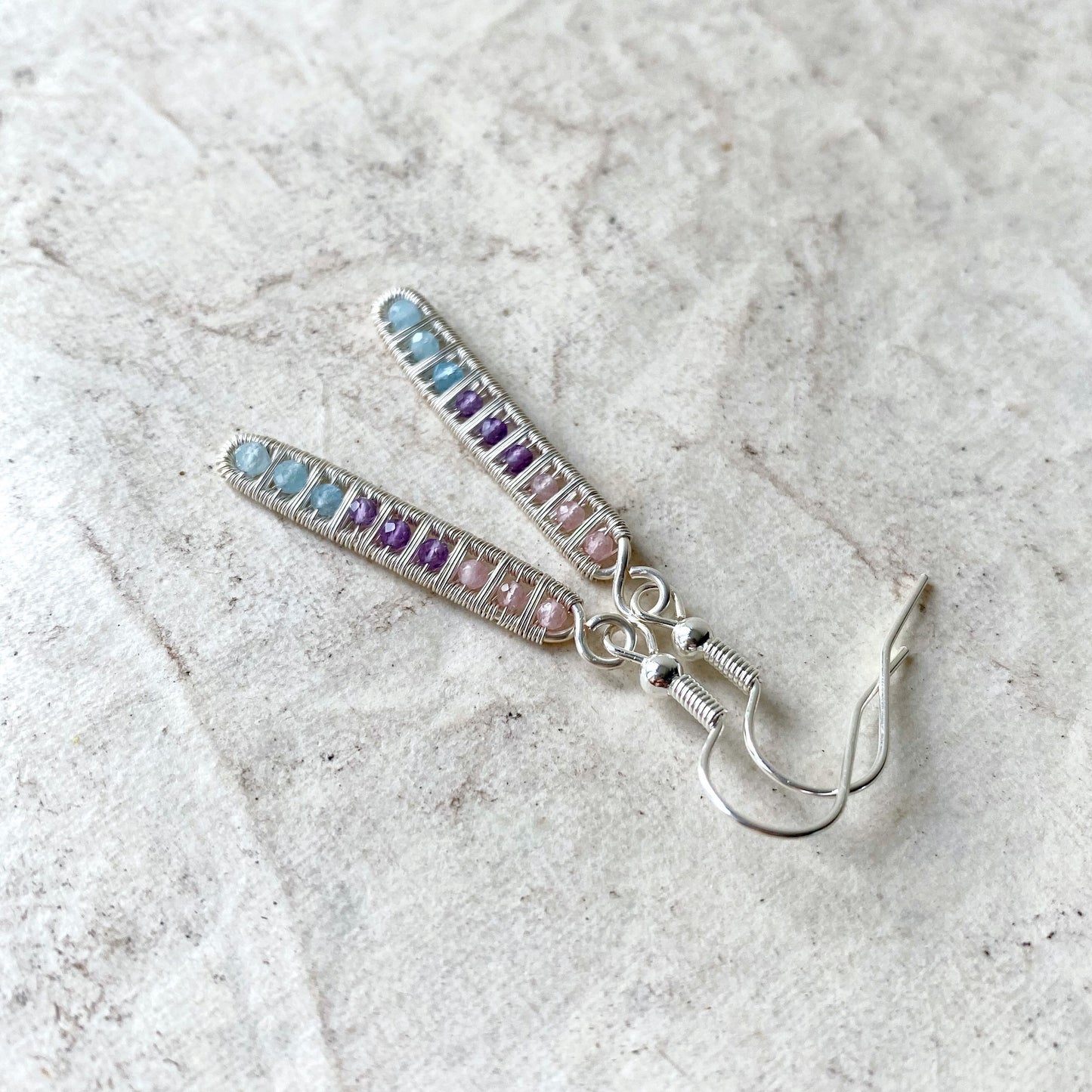 Ladder Earrings in Rose Quartz, Amethyst and Aquamarine