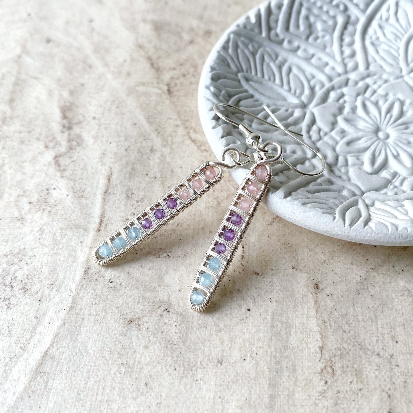 Ladder Earrings in Rose Quartz, Amethyst and Aquamarine