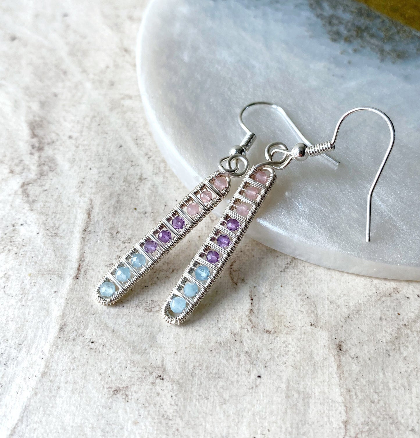 Ladder Earrings in Rose Quartz, Amethyst and Aquamarine