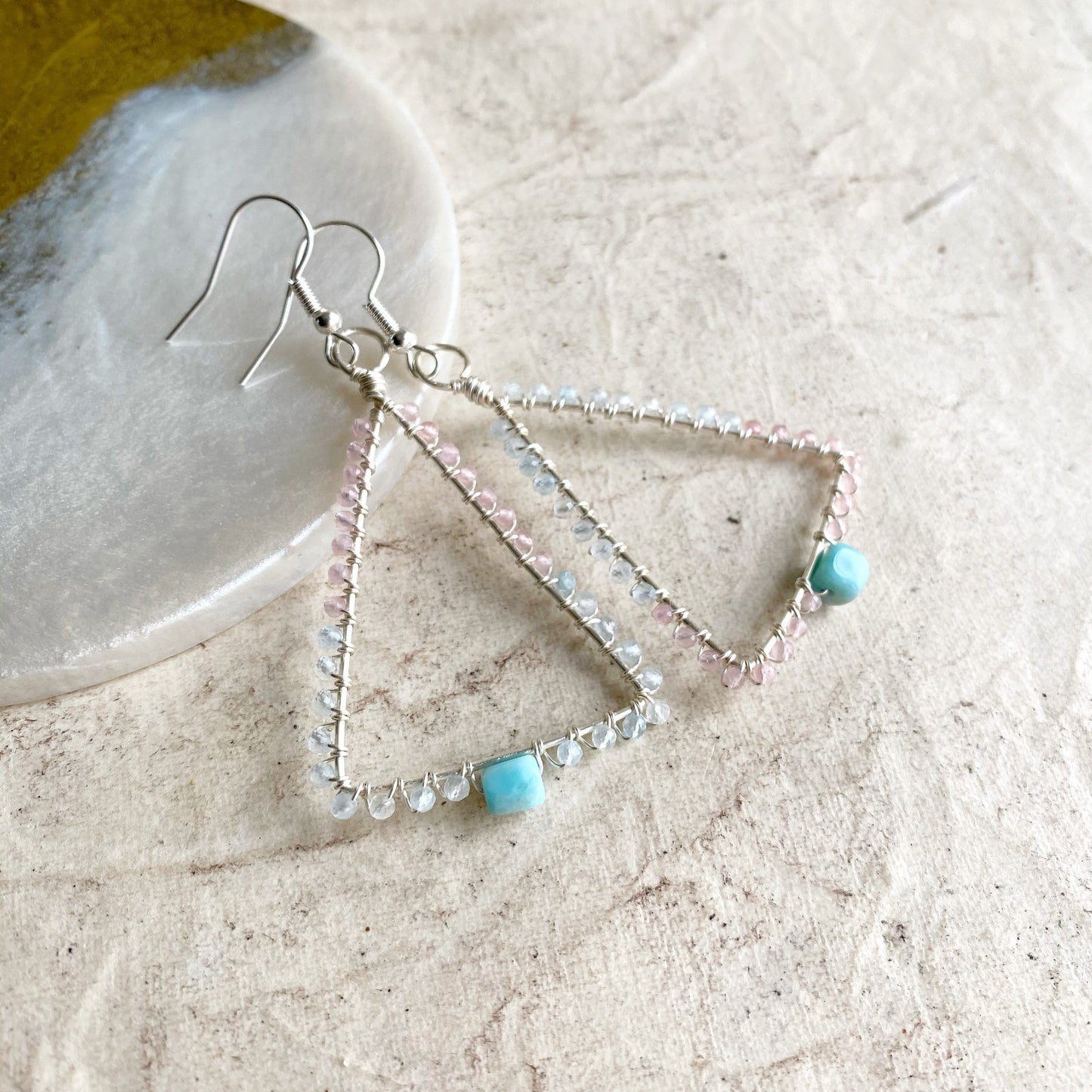 Larimar, rose quartz and aquamarine triangle earrings