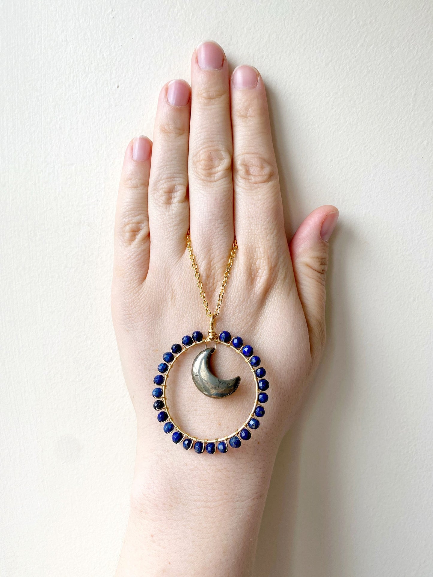 Pyrite and Lapis Lazuli Crystal Moon Necklace