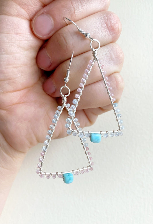 Larimar, rose quartz and aquamarine triangle earrings