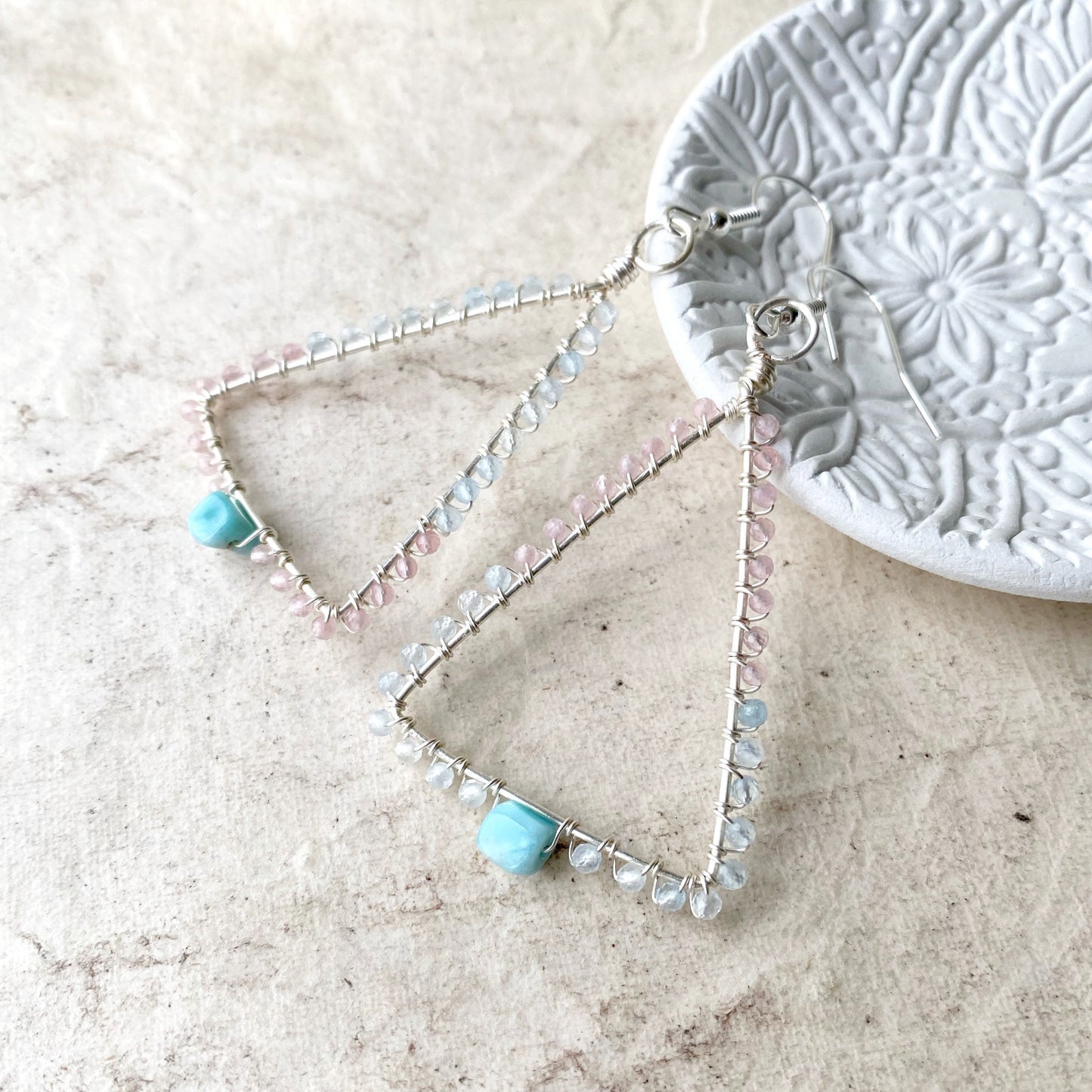 Larimar, rose quartz and aquamarine triangle earrings