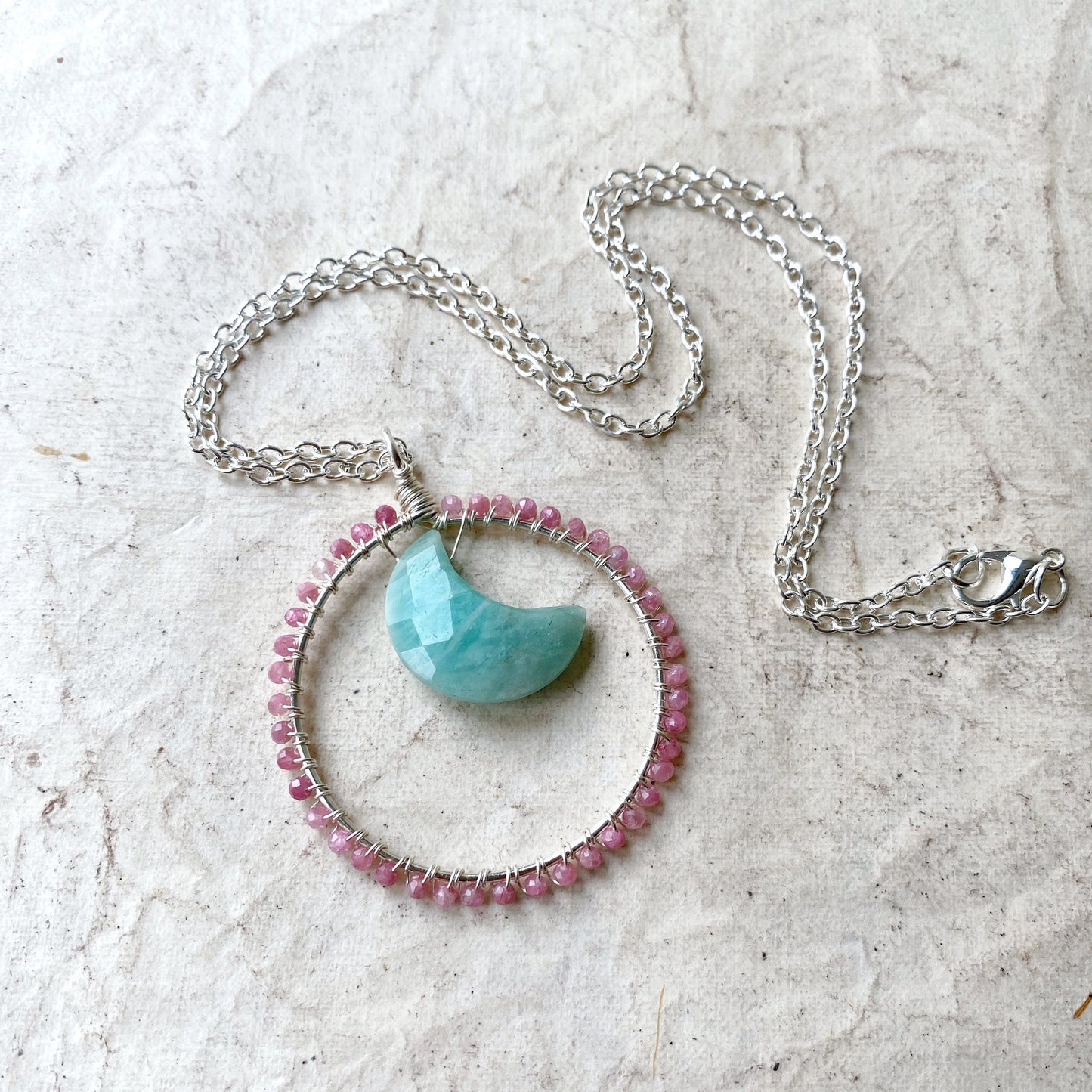 Pink Tourmaline and Amazonite crystal Moon Gazer Necklace