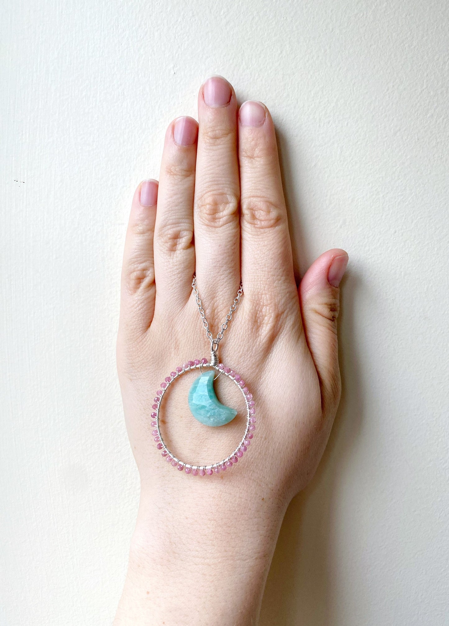 Pink Tourmaline and Amazonite crystal Moon Gazer Necklace
