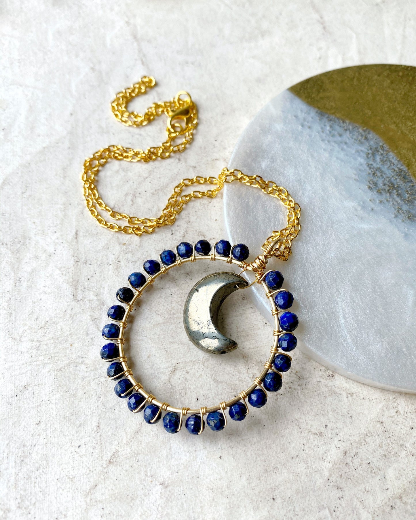 Pyrite and Lapis Lazuli Crystal Moon Necklace