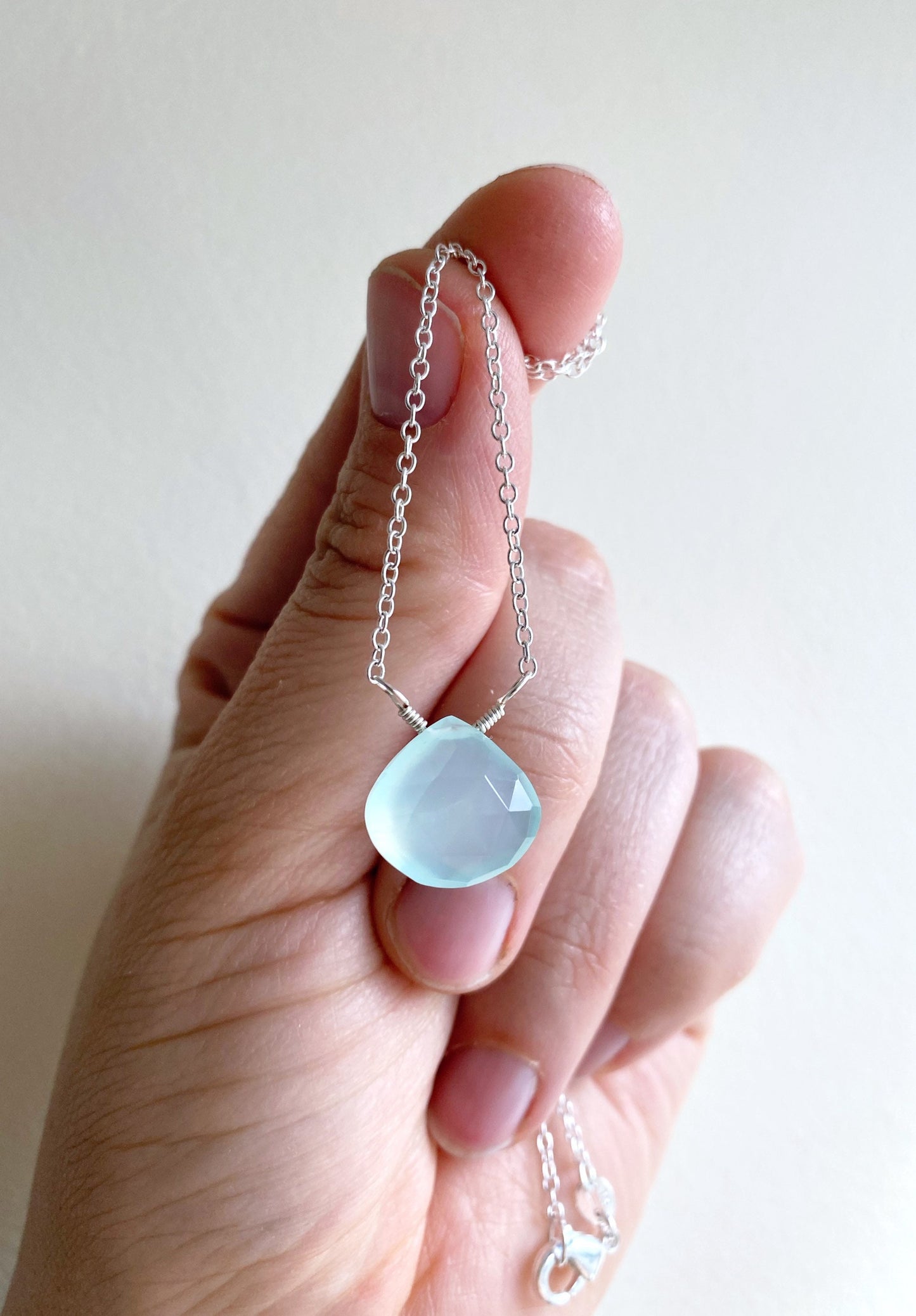 Aqua Chalcedony dainty drop necklace