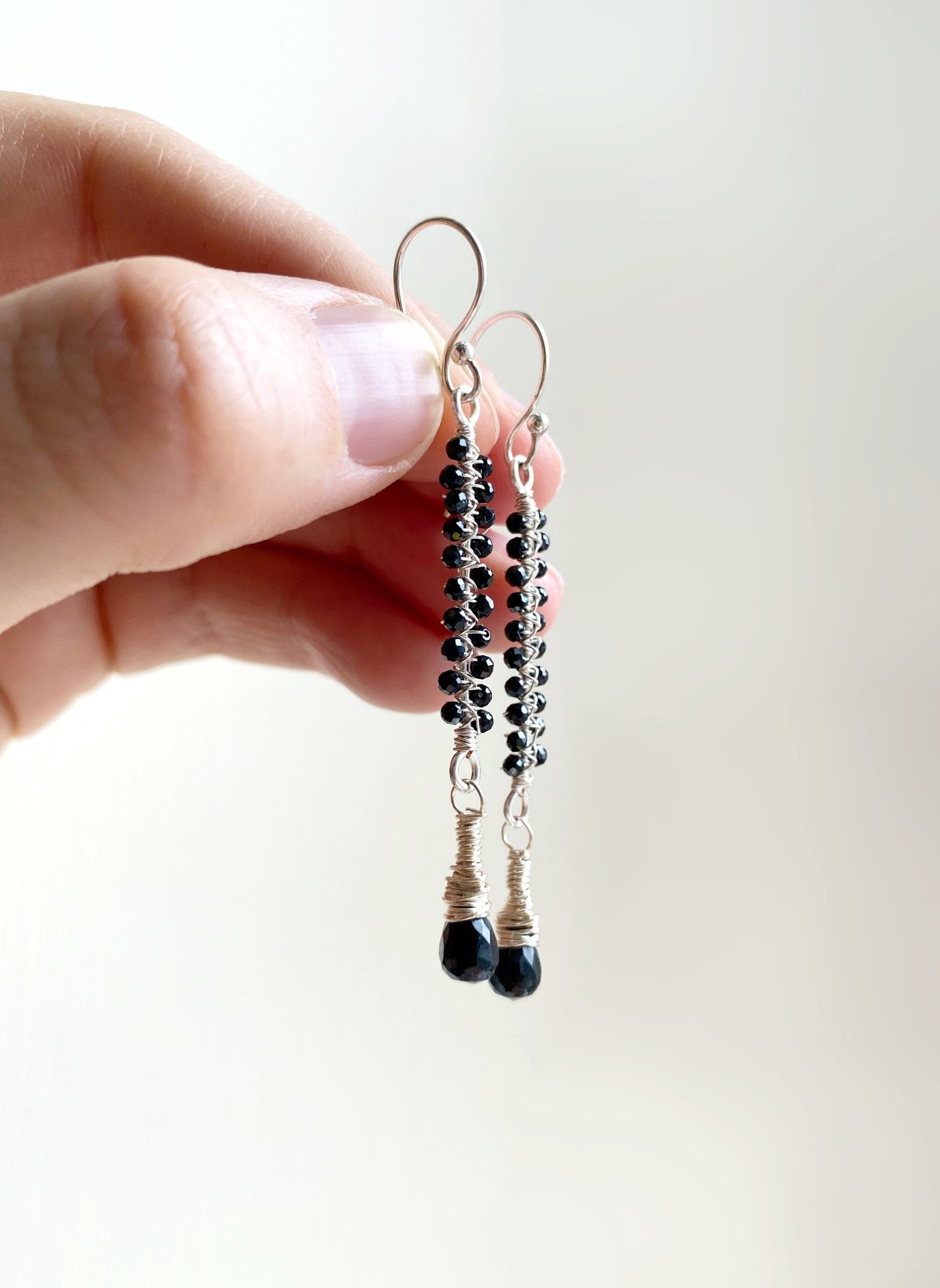 Black Spinel Silver Wire Wrapped Earrings
