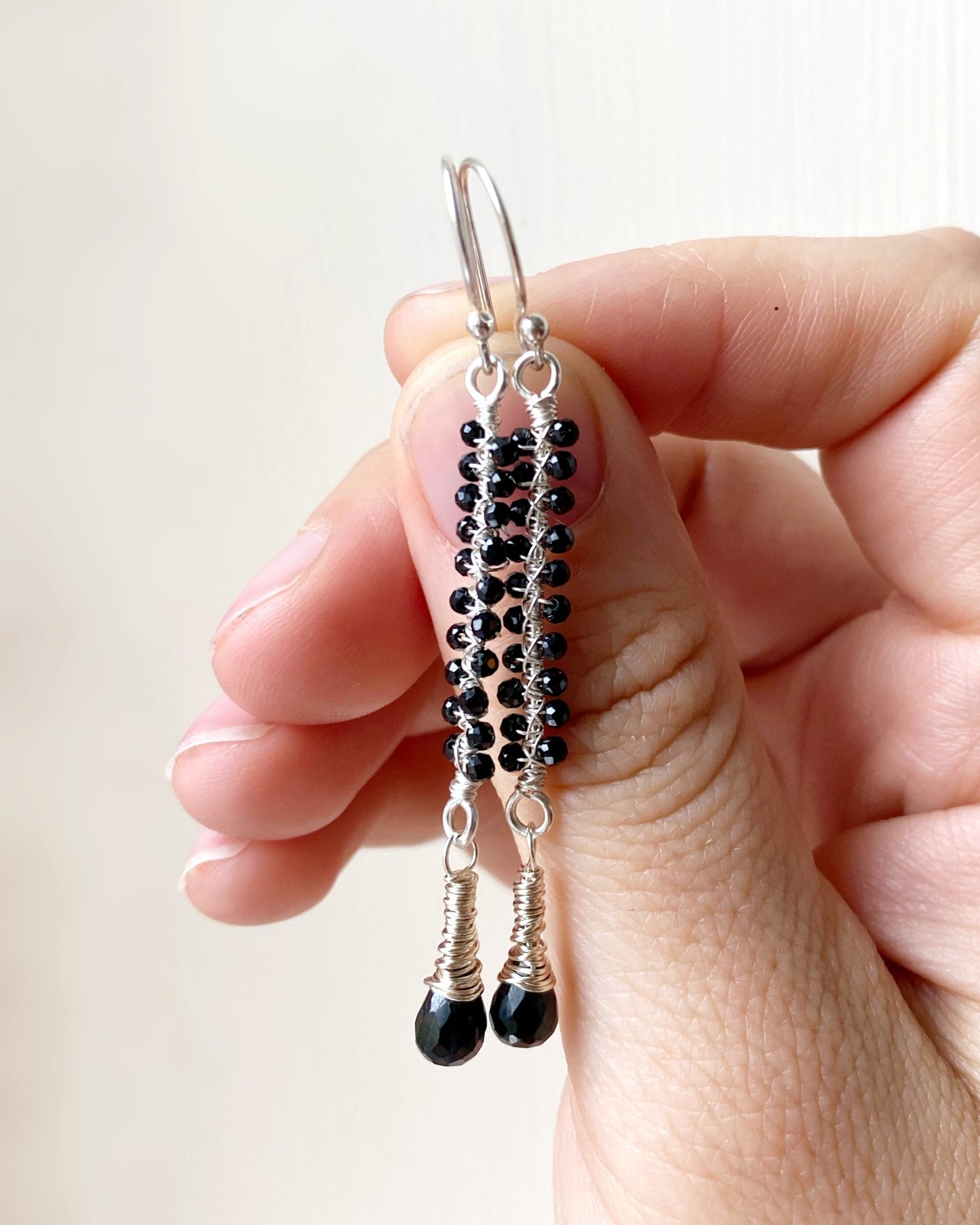 Black Spinel Silver Wire Wrapped Earrings