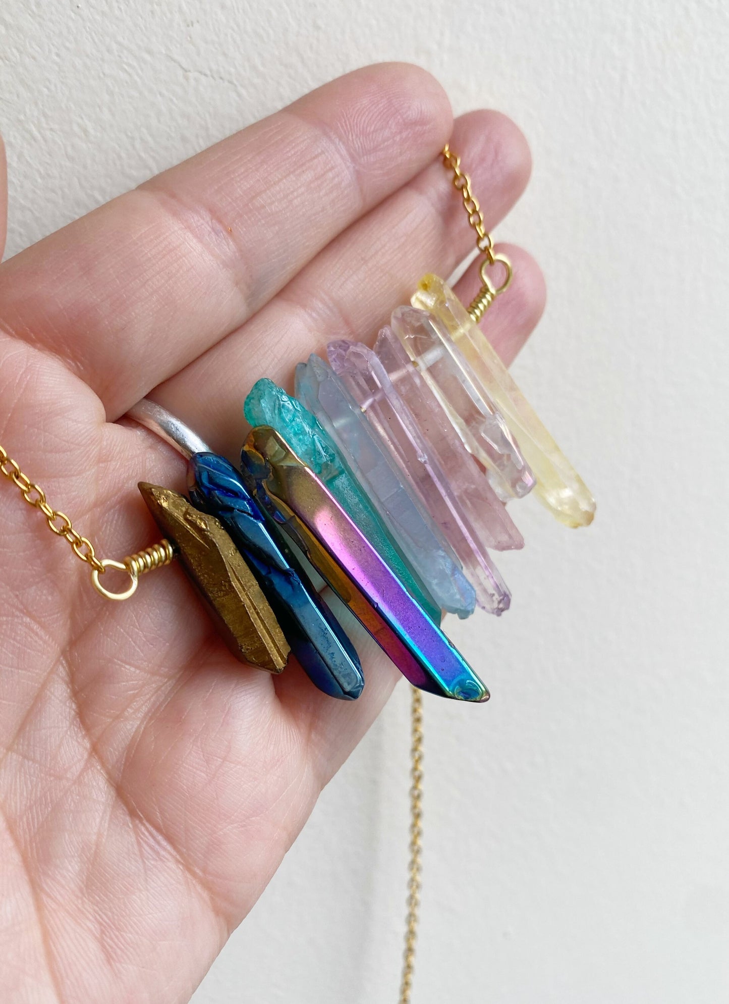 Pastel Rainbow Aura Quartz Crystal Necklace