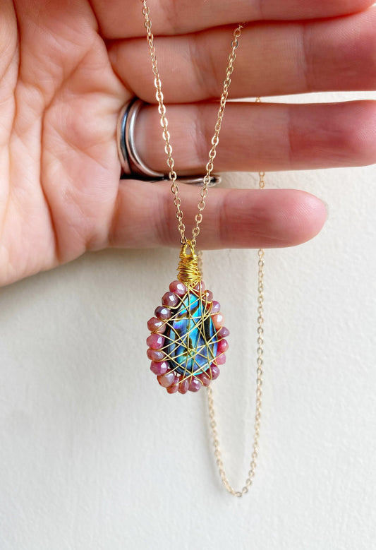 Red Moonstone and abalone Necklace