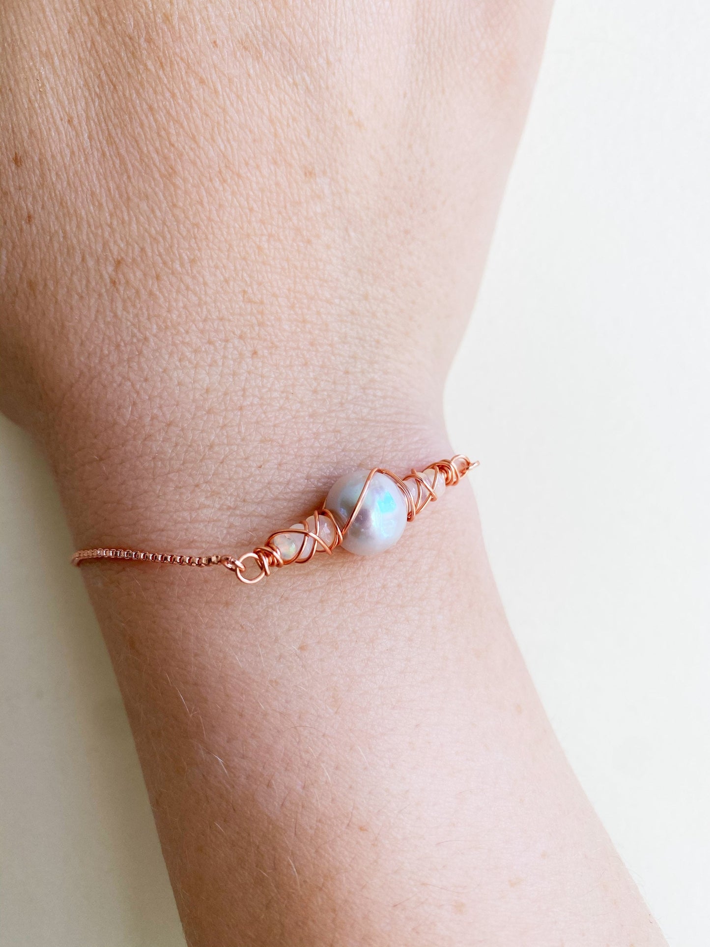 Silver Pearl and Opal Rose Gold Adjustable Bracelet