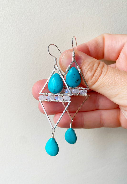 Rainbow Moonstone and Turquoise Geometric Statement Earrings