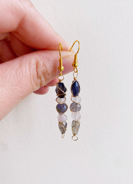 Gemstone fancy drop earrings in Iolite, Rose Quartz, Rainbow Moonstone and Labradorite