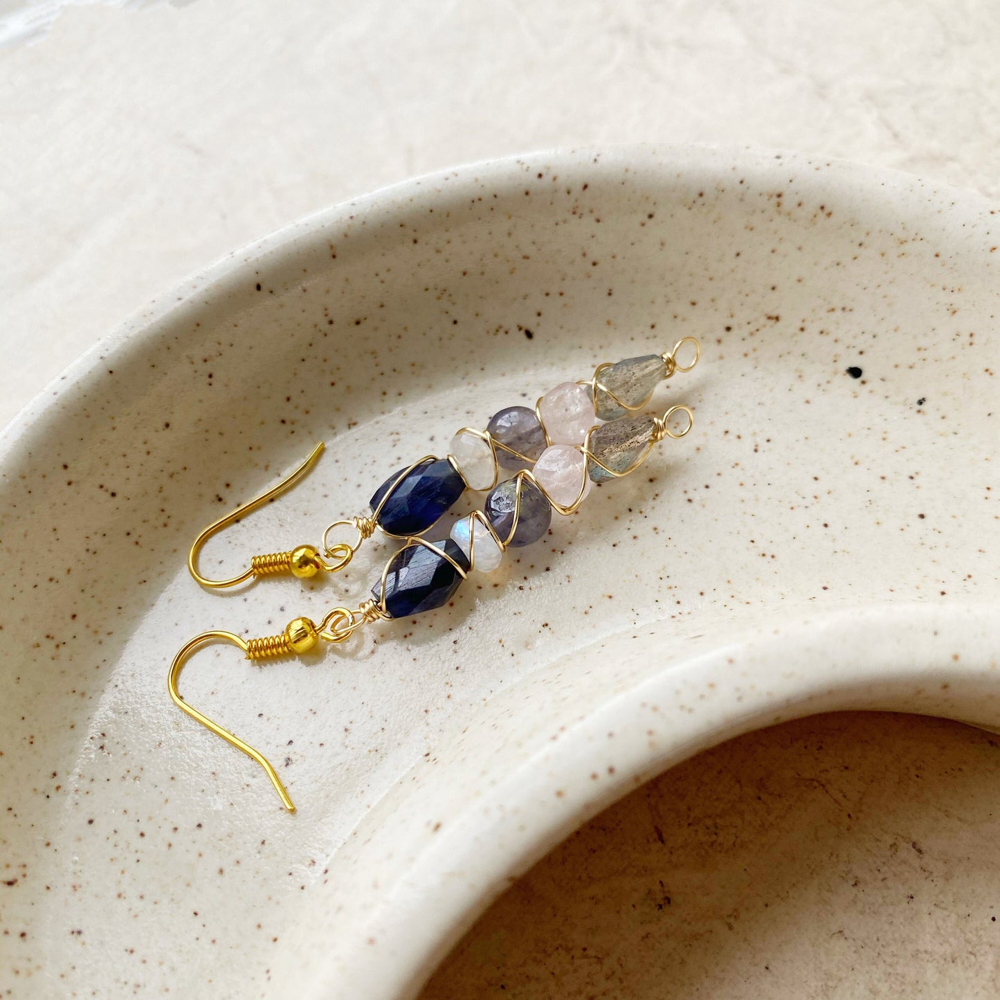 Gemstone fancy drop earrings in Iolite, Rose Quartz, Rainbow Moonstone and Labradorite