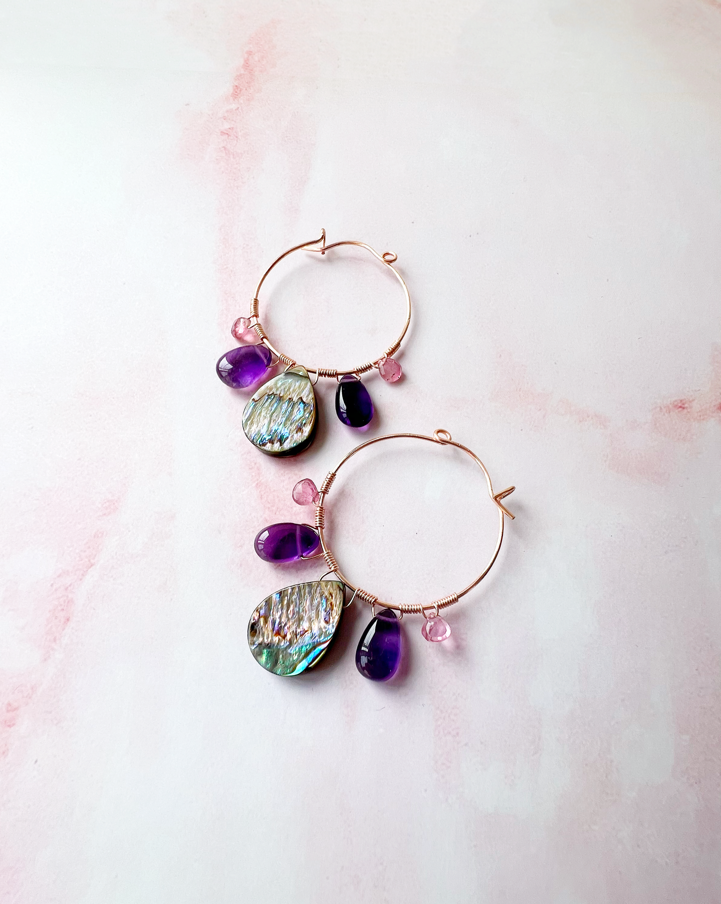 Peacock feather earrings with abalone, amethyst and pink tourmaline