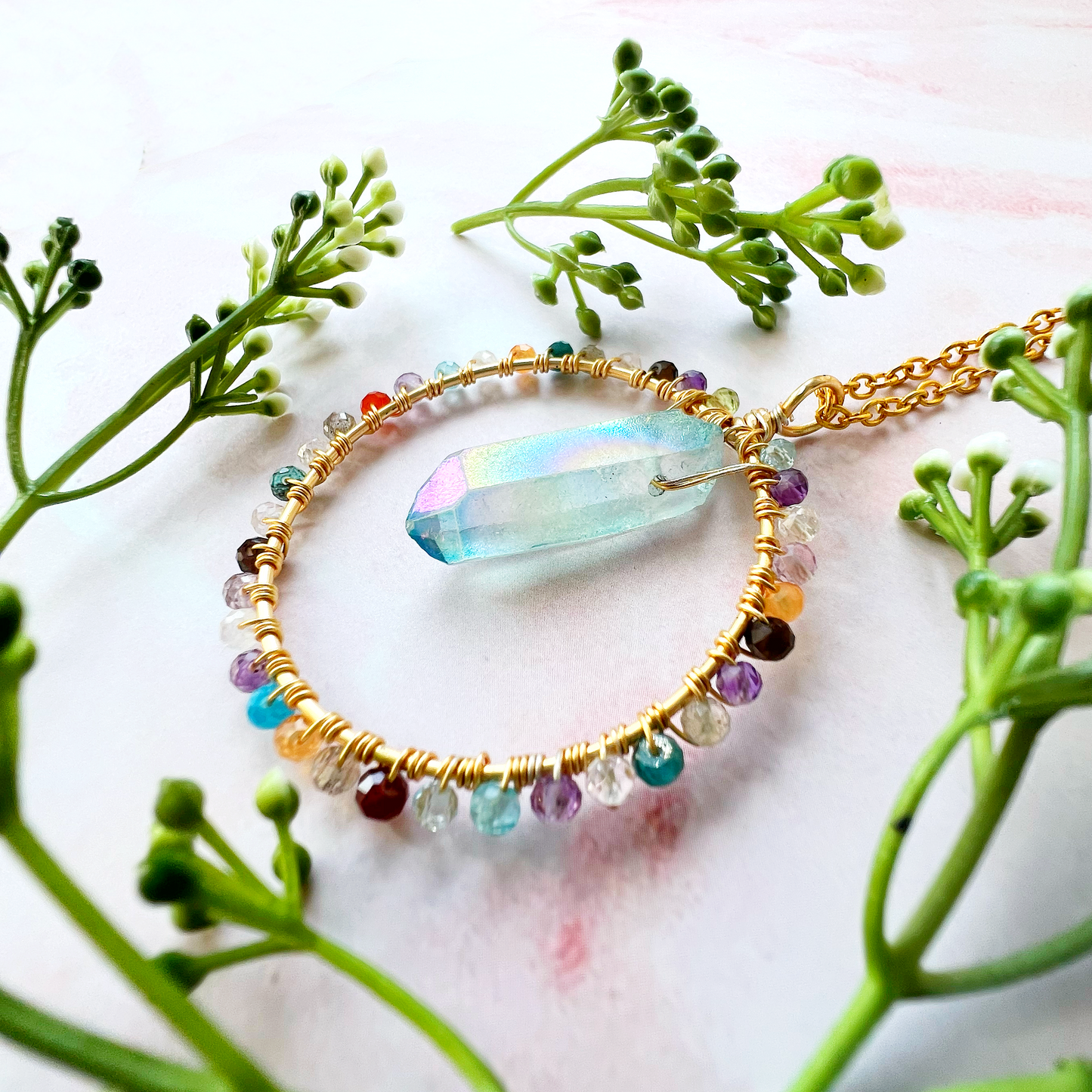 Aura quartz crystal circle necklace
