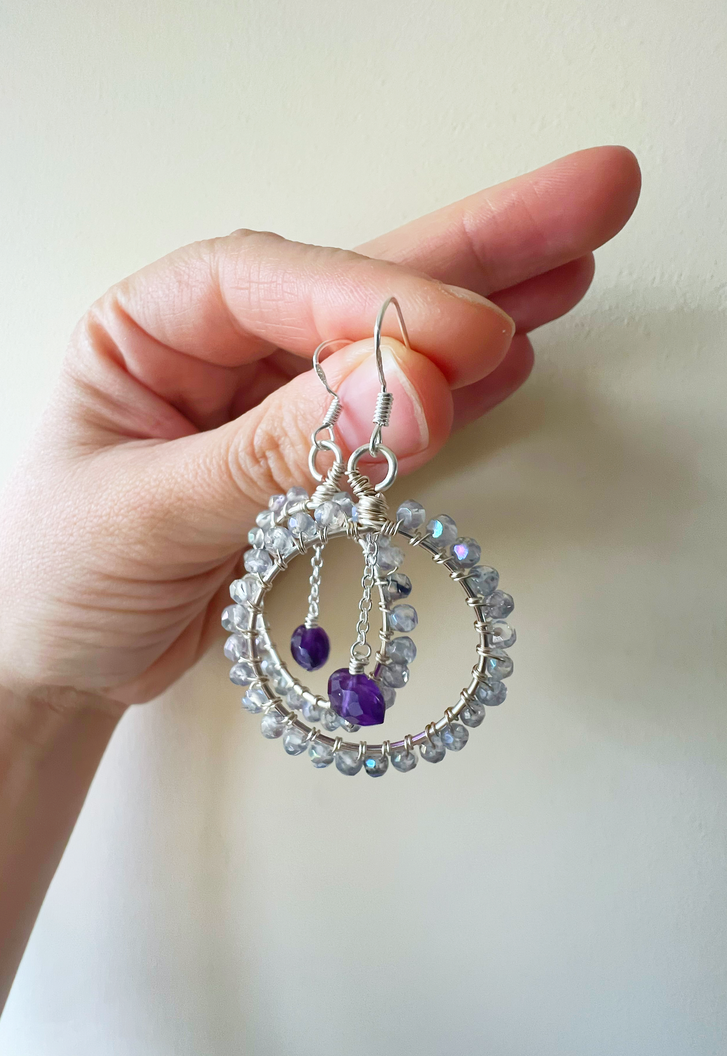 Aura Quartz and Amethyst Silver hoop earrings