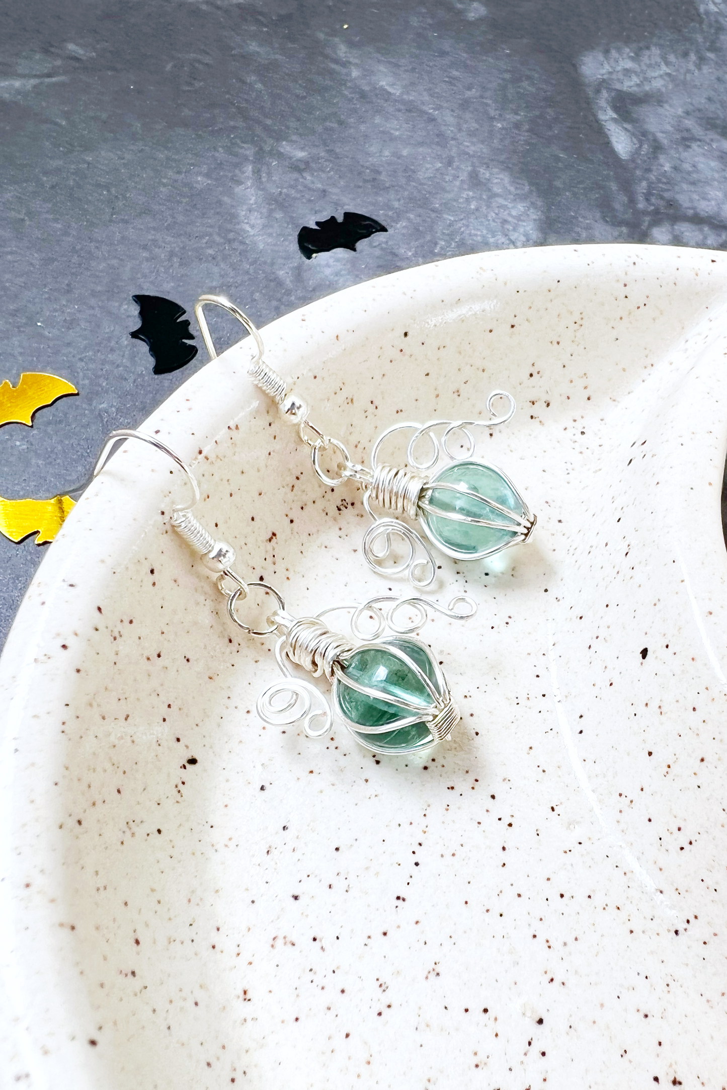 Green fluorite pumpkin earrings in silver