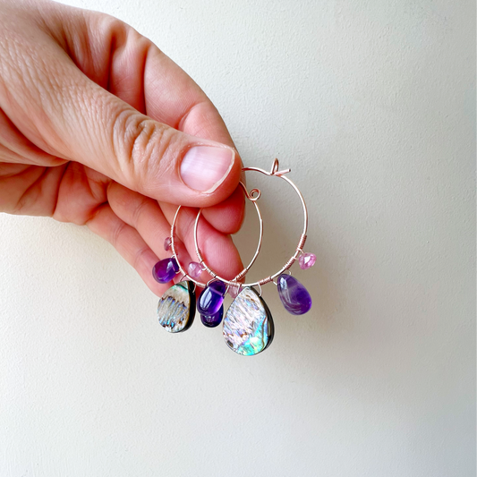 Peacock feather earrings with abalone, amethyst and pink tourmaline