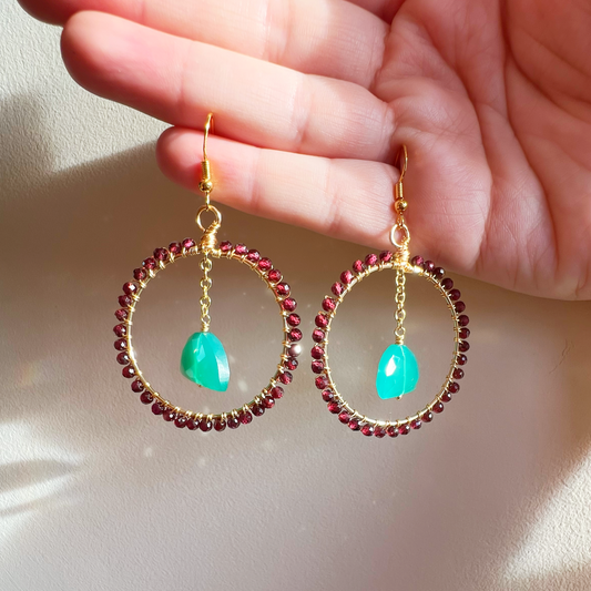 Garnet and onyx gold hoop earrings