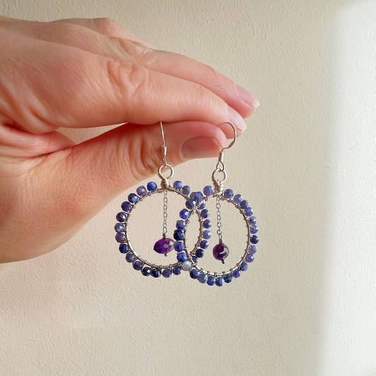 Blue moonstone and Amethyst Silver hoop earrings