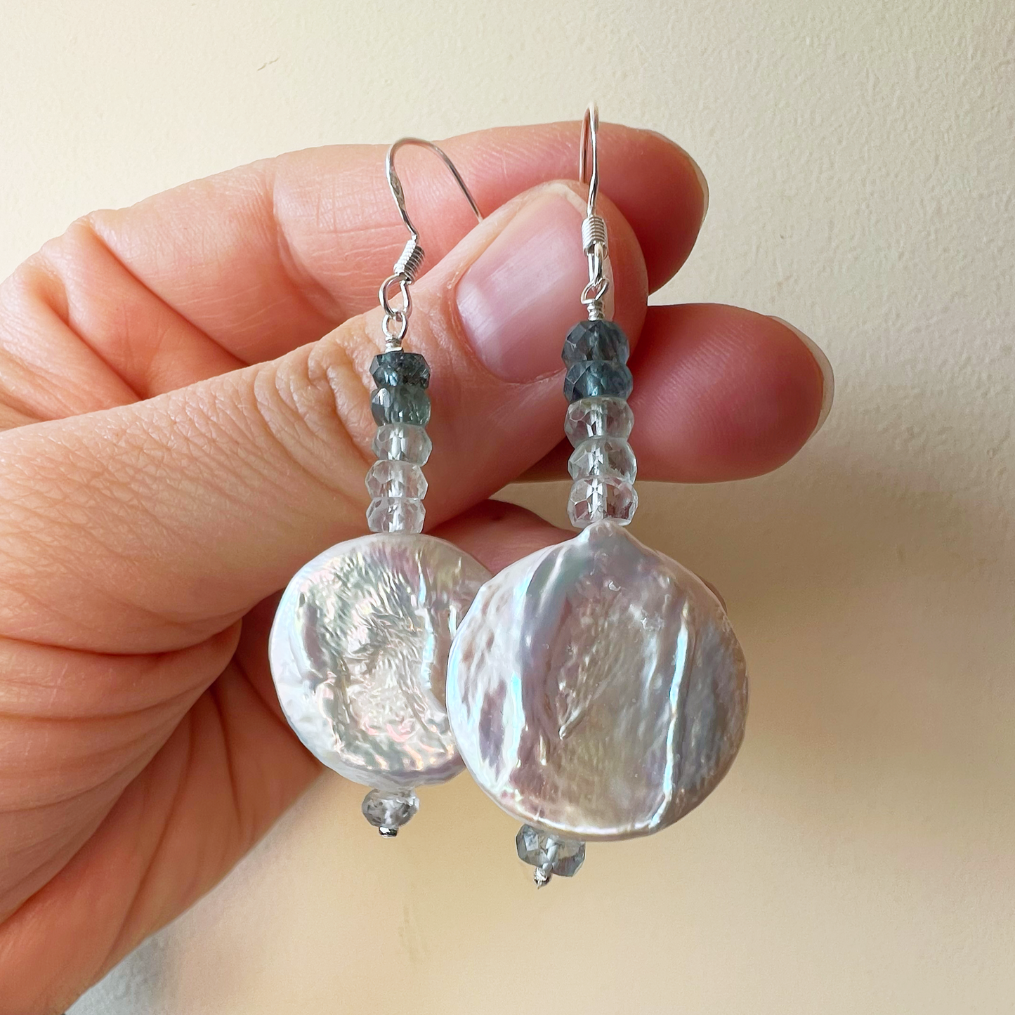 Pearl and Moss Aquamarine Earrings in silver