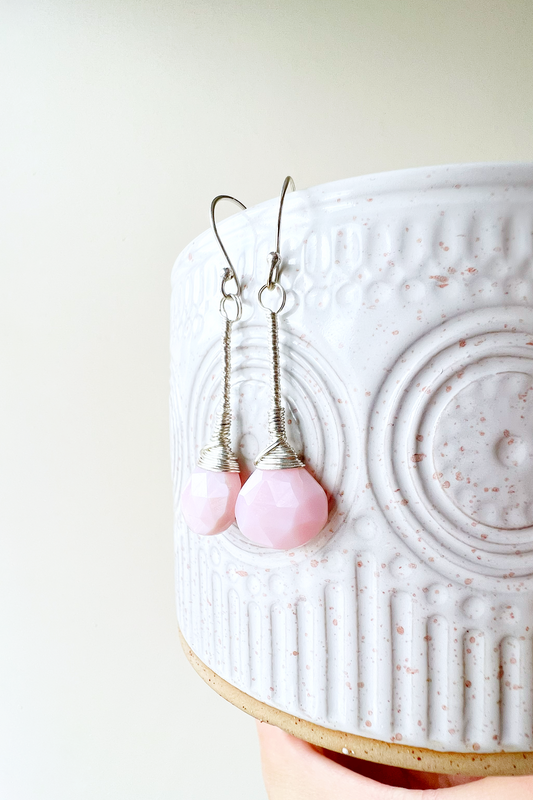 Pink Opal Elegant Drop Silver Earrings