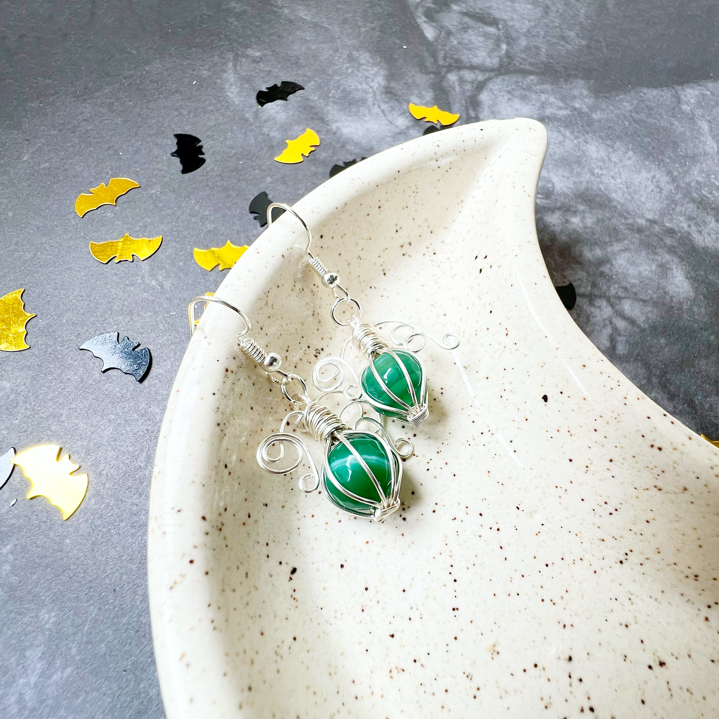 Green agate pumpkin earrings in silver