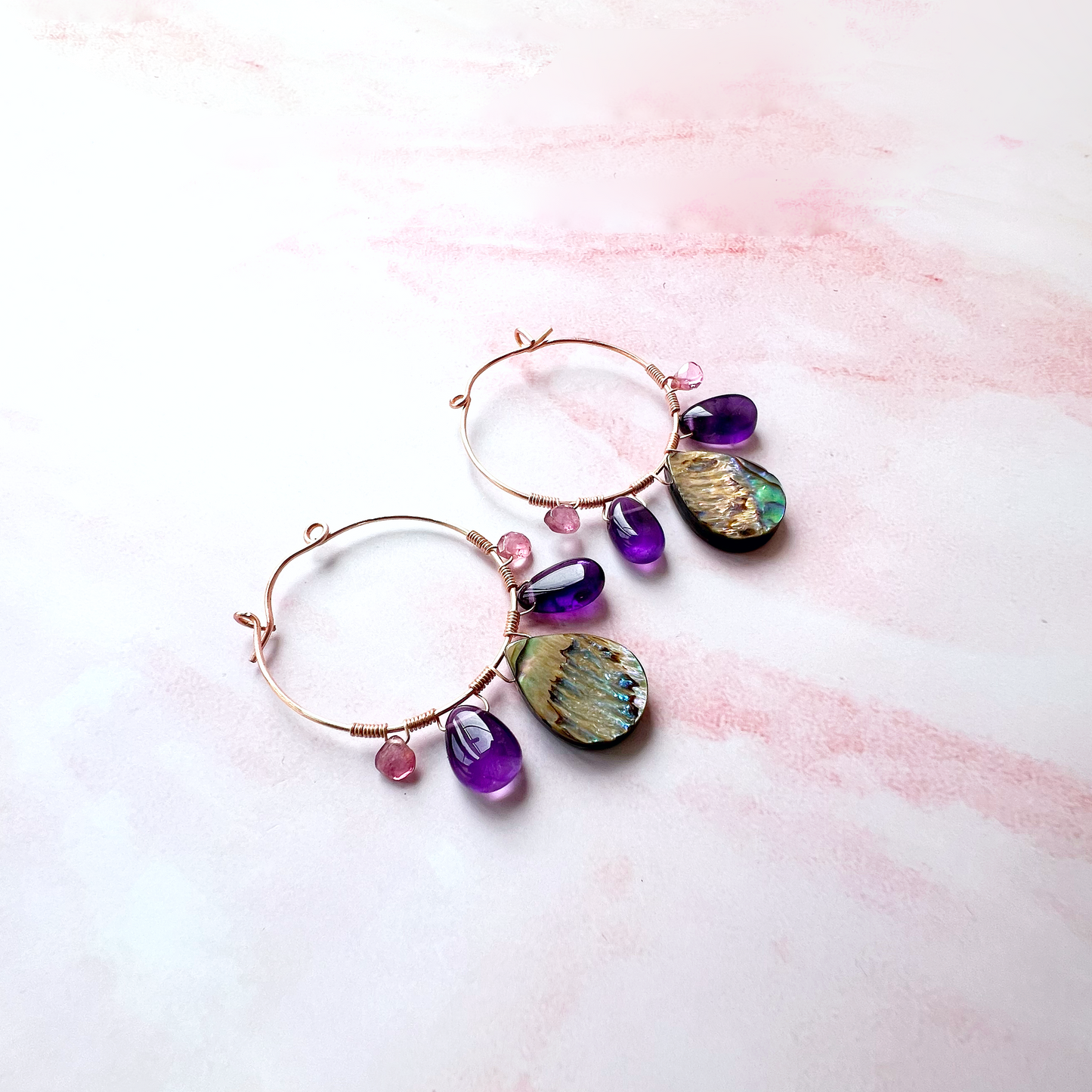 Peacock feather earrings with abalone, amethyst and pink tourmaline