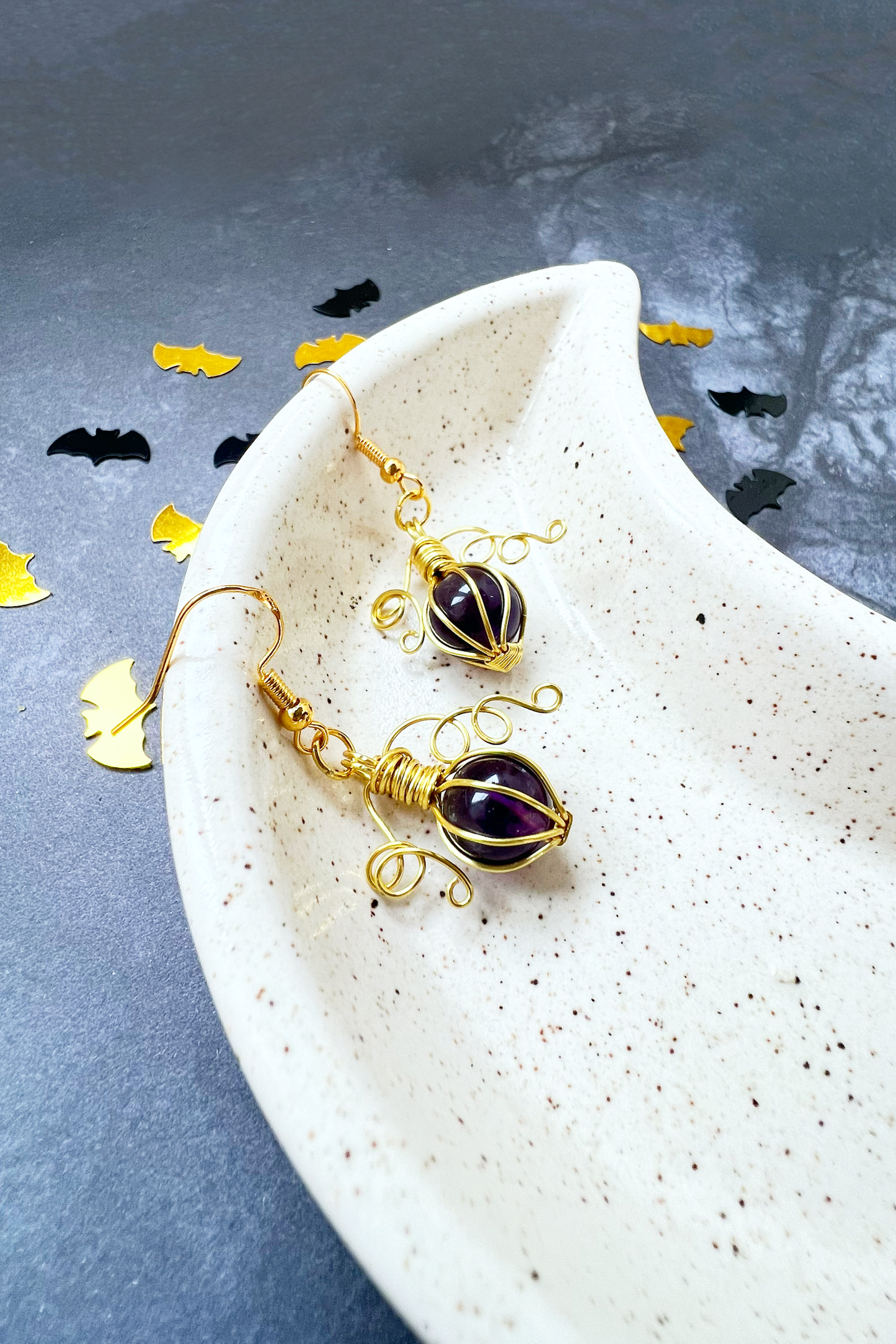 Amethyst pumpkin earrings in gold