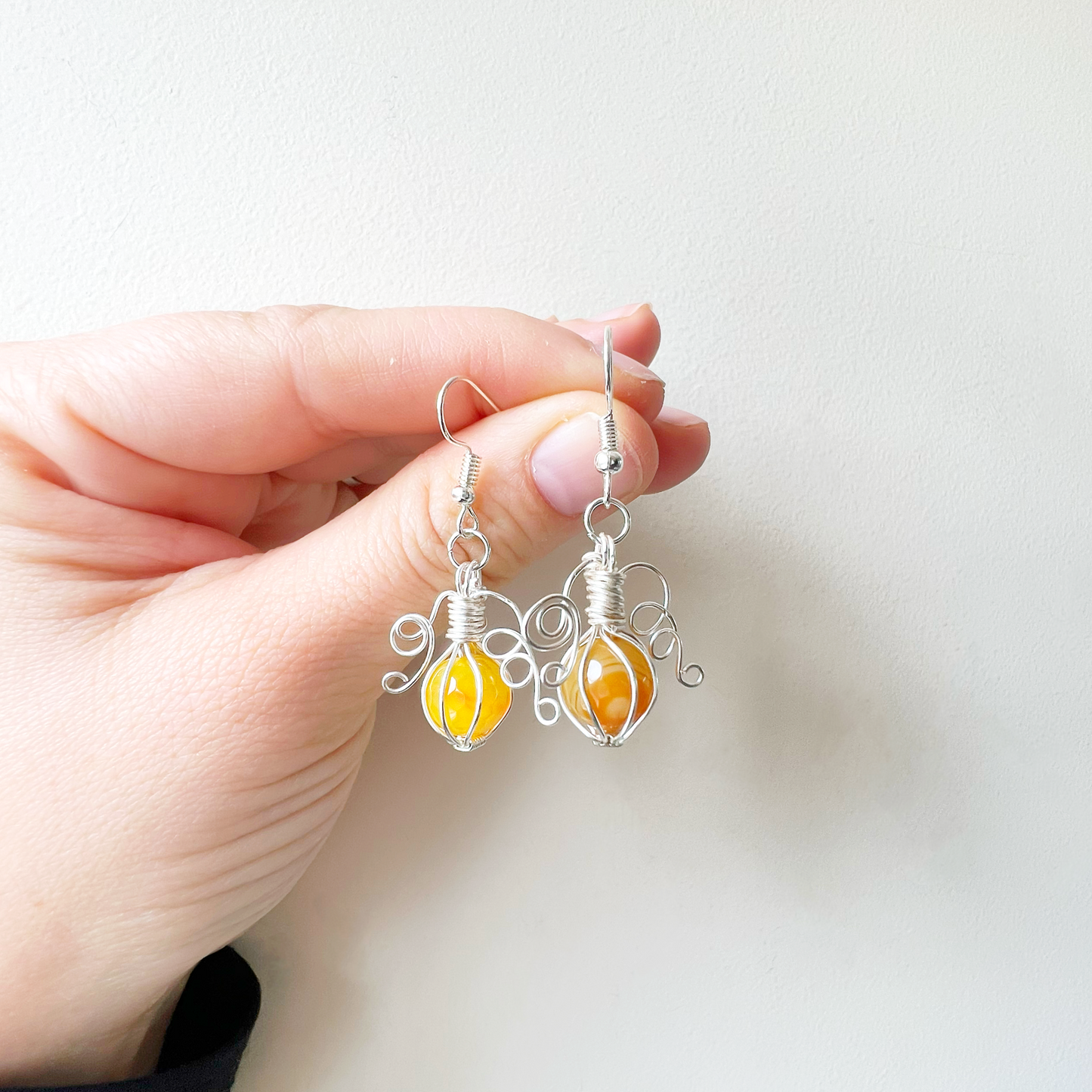 Yellow agate pumpkin earrings in silver
