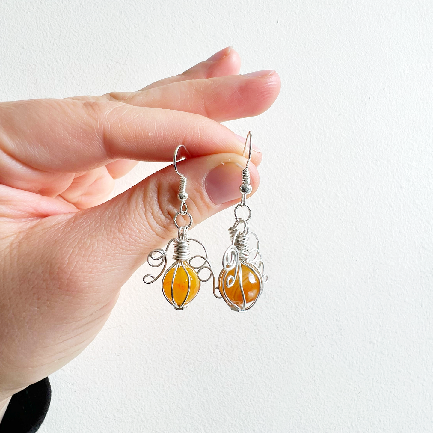 Yellow agate pumpkin earrings in silver