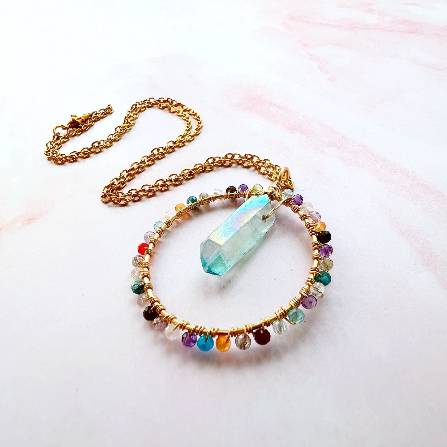 Aura quartz crystal circle necklace