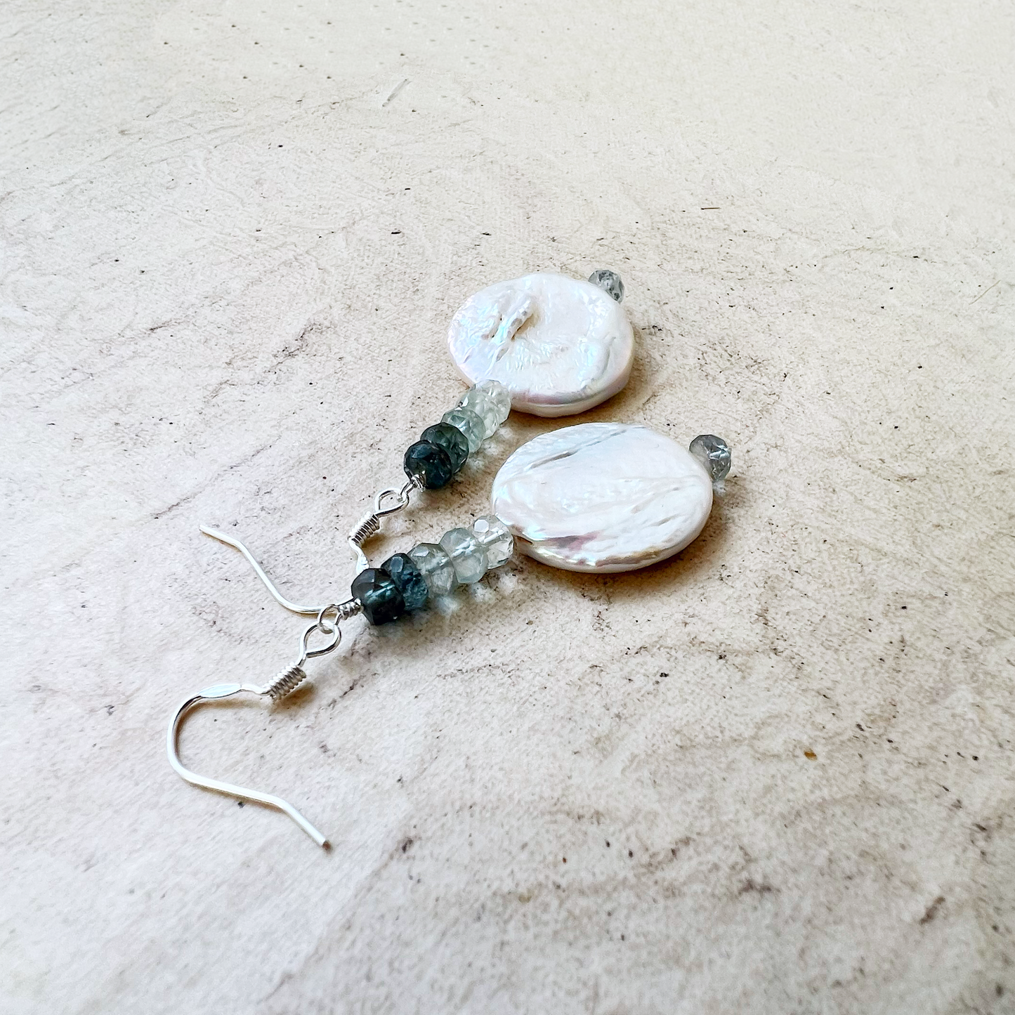 Pearl and Moss Aquamarine Earrings in silver