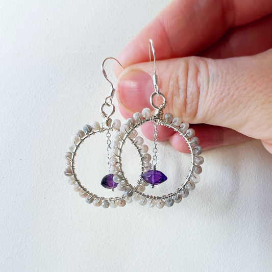 Quartz and Amethyst Silver hoop earrings