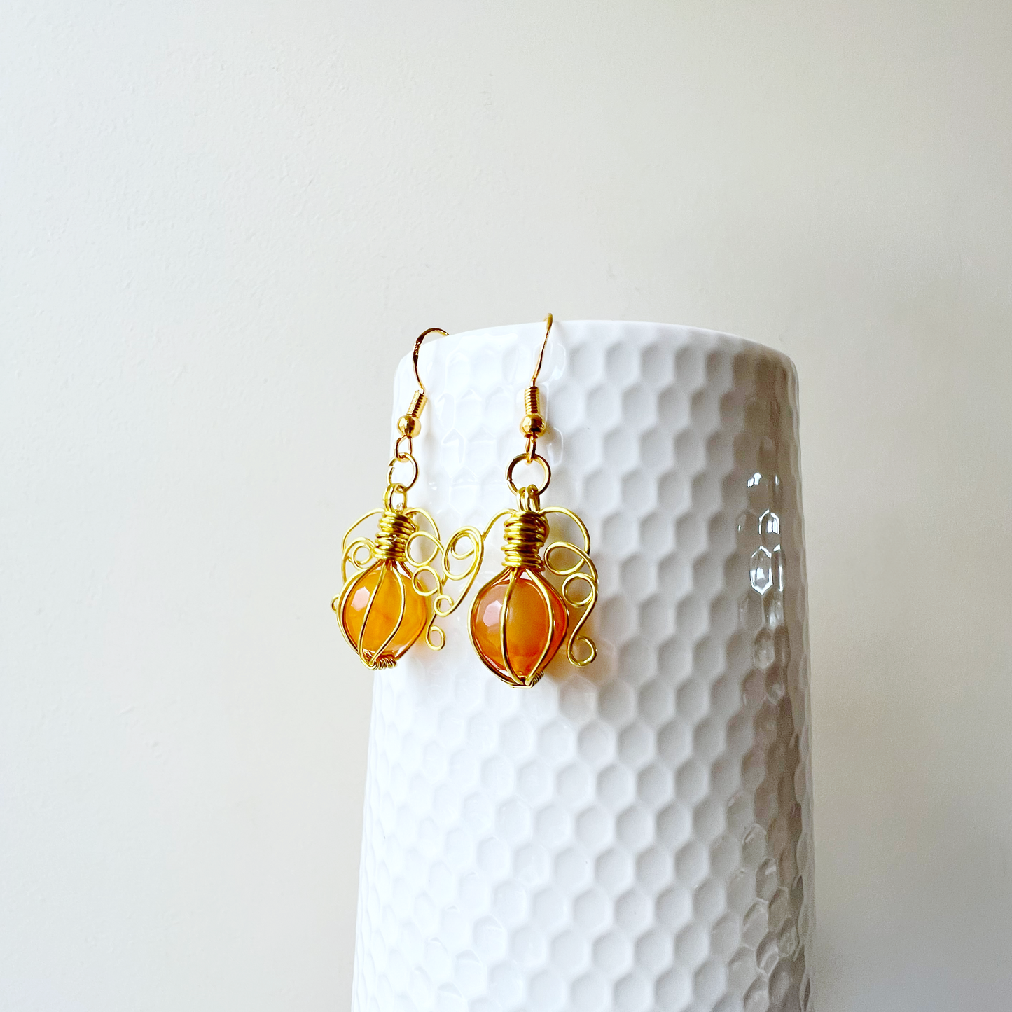 Carnelian pumpkin earrings in gold