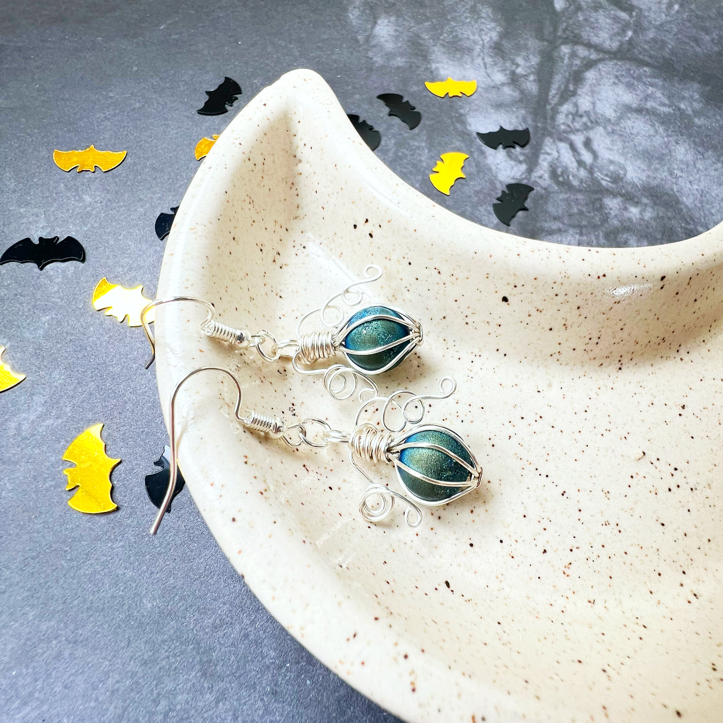 Blue/Green Druzy pumpkin earrings in silver