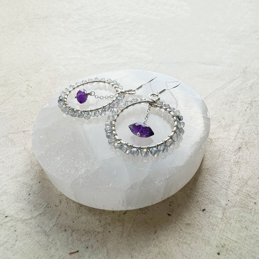 Aura Quartz and Amethyst Silver hoop earrings
